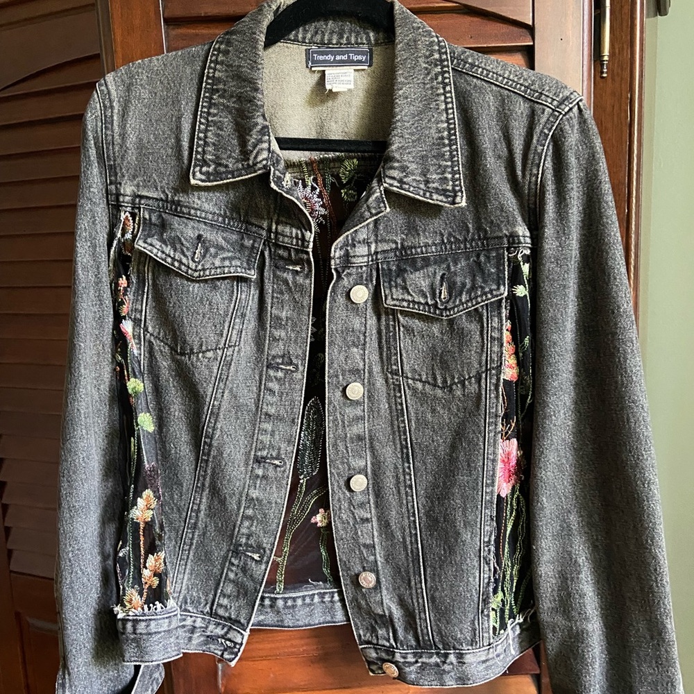 Women's Black Denim Jacket with Lace Floral Sides